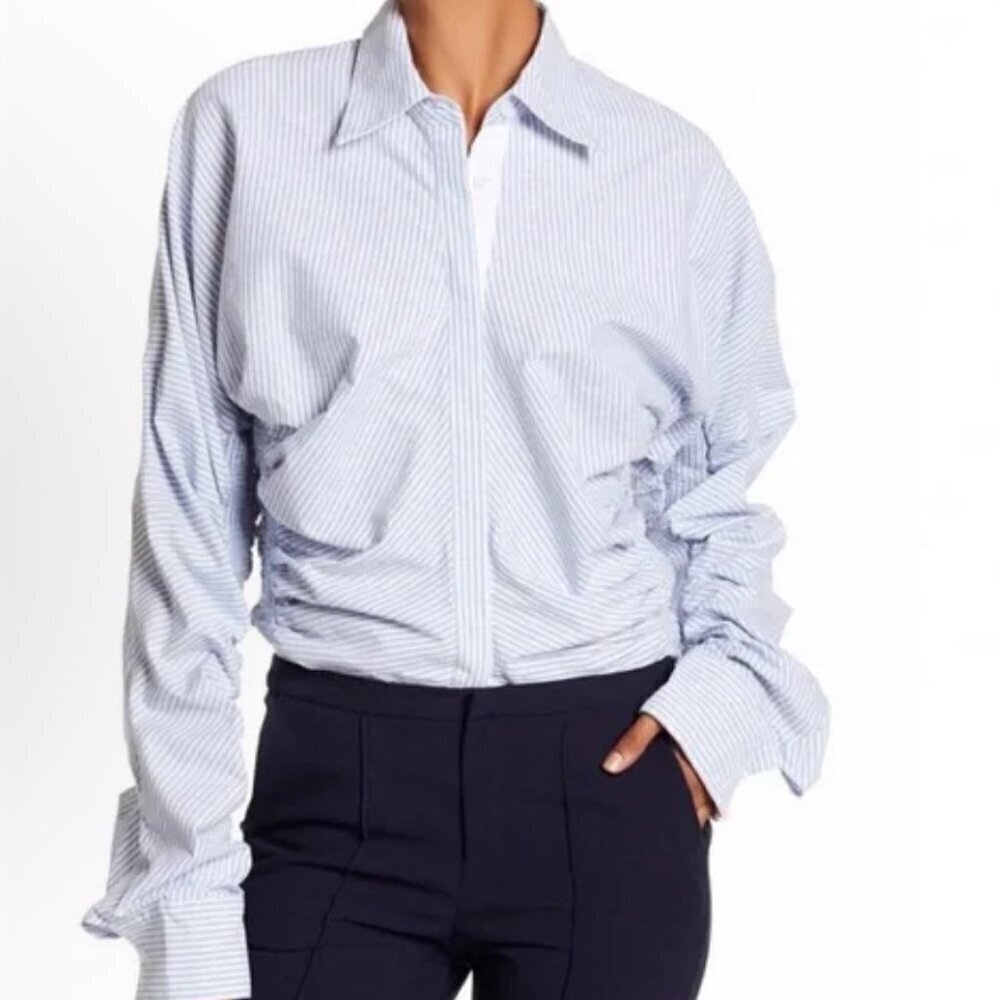 Alpha & Omega Smocked Button Down Blouse with Blue Stripes Size M